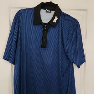 PXG Men's Navy Blue Pinstripe Polo with Black Collar